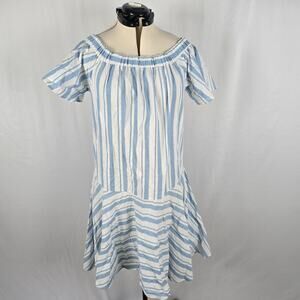 Miracle Berry Dress Women's L Blue & White Striped Tiered Short Sleeve Ruffles
